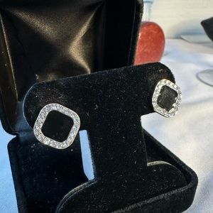 Classic dainty black enamel and rhinestone earrings